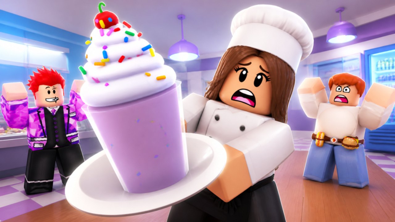 Chef in Run A Freezeria holding a tall sundae while customers panic in the shop