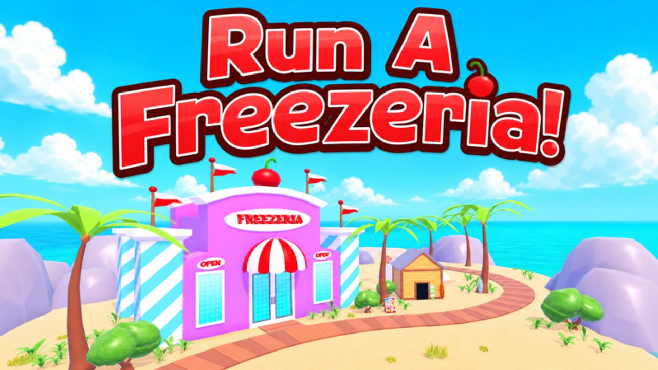 Tropical island Freezeria shop with cherry-topped roof and beach path in Run A Freezeria