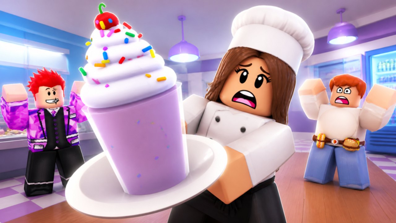 Chef in Run A Freezeria holding a tall sundae while customers panic in the shop