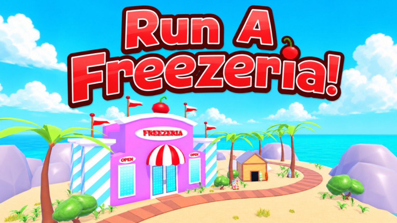 Tropical island Freezeria shop with cherry-topped roof and beach path in Run A Freezeria